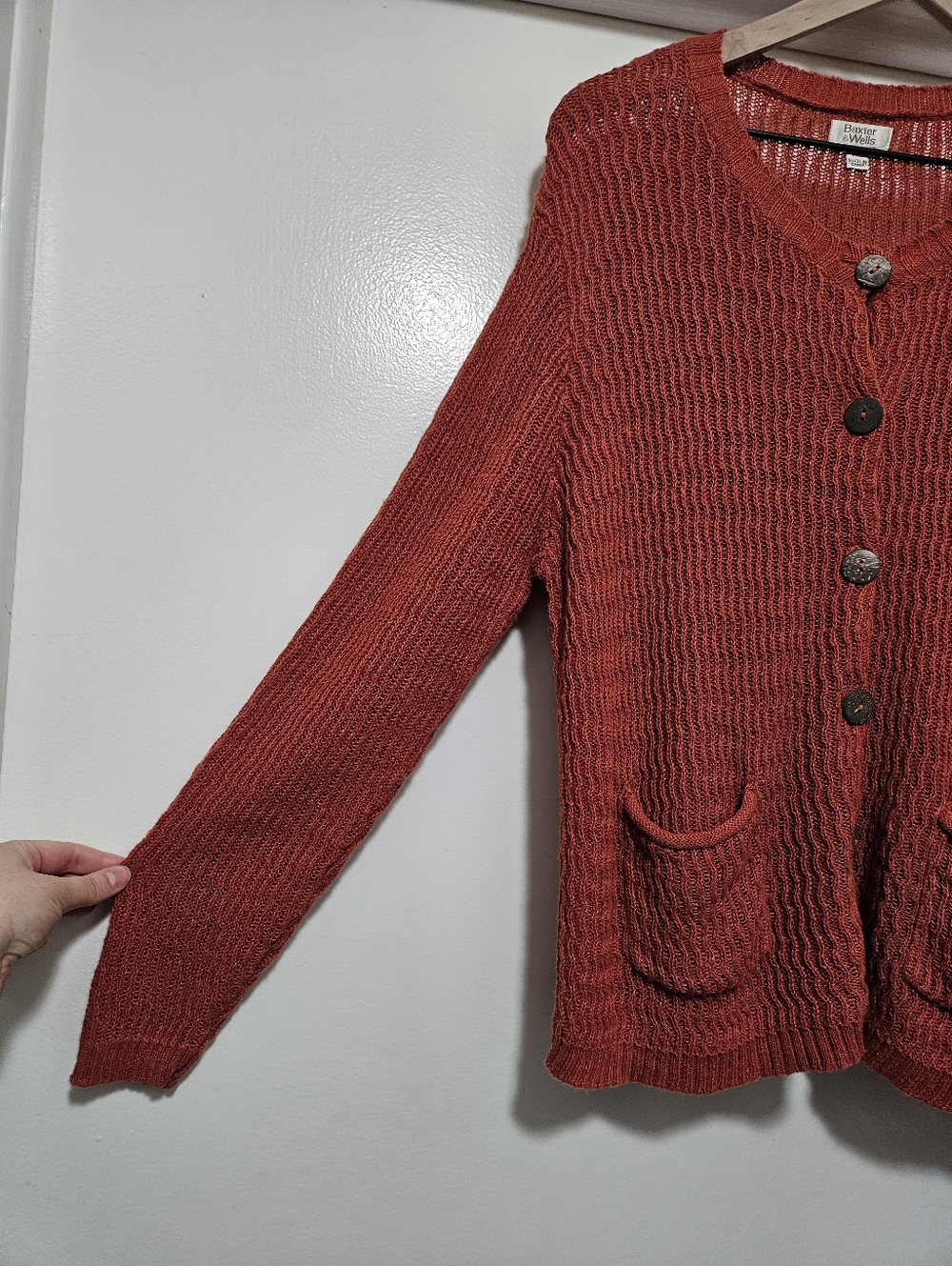 Baxter & Wells XL Ramie Cotton sweater cardigan burnt orange crochet knit button - Picture 2 of 16